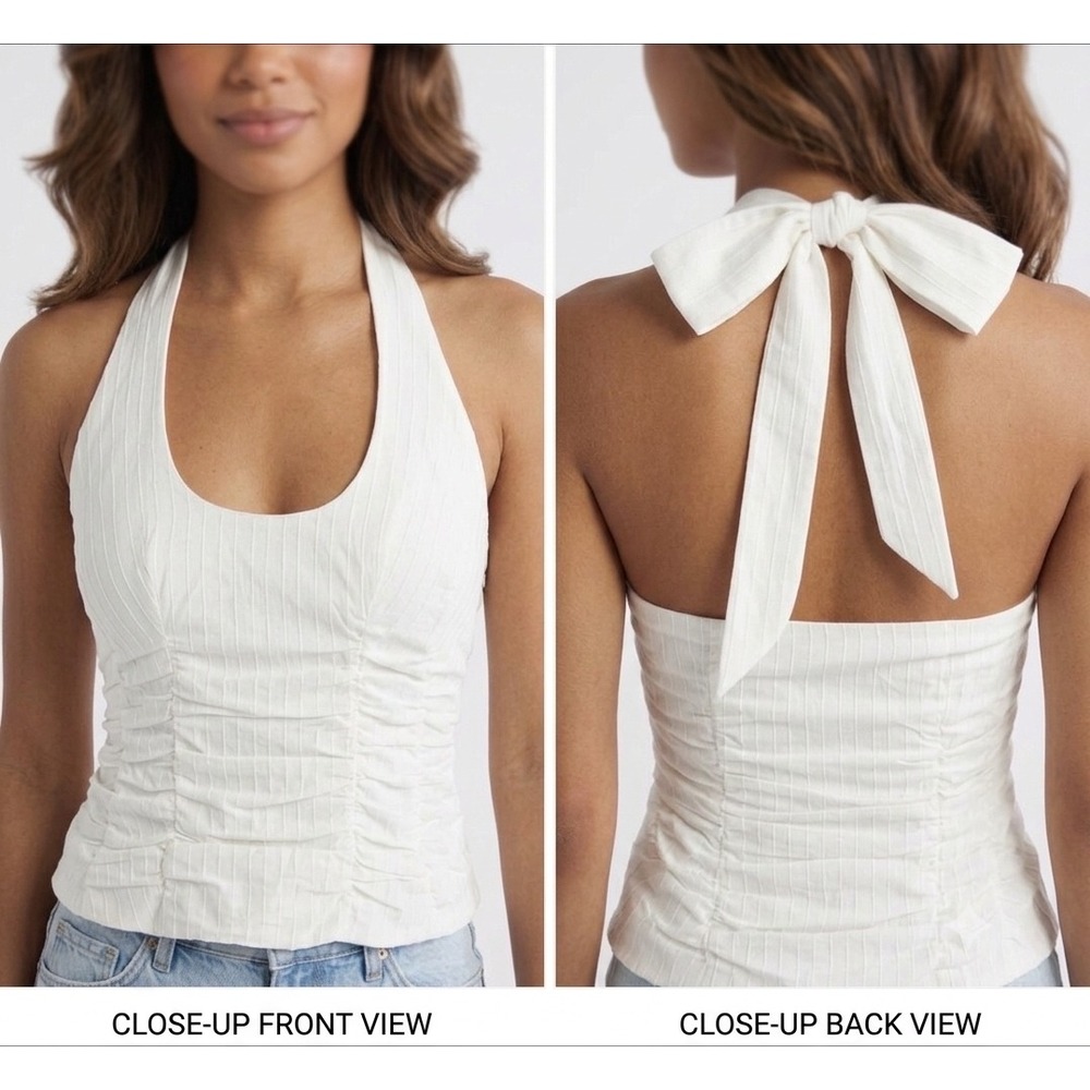 Princess Polly White Pinstripe Ruched Halter Top Open Back Tie Bow US 2